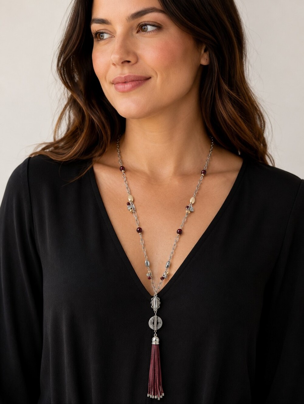 Christopher & Banks Long Tassel Necklace in Burgundy and Silver